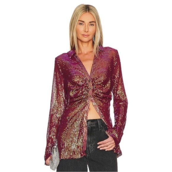 Free People Magenta Sequin Long Sleeve Button Down Shirtee Top Size L - Picture 1 of 8
